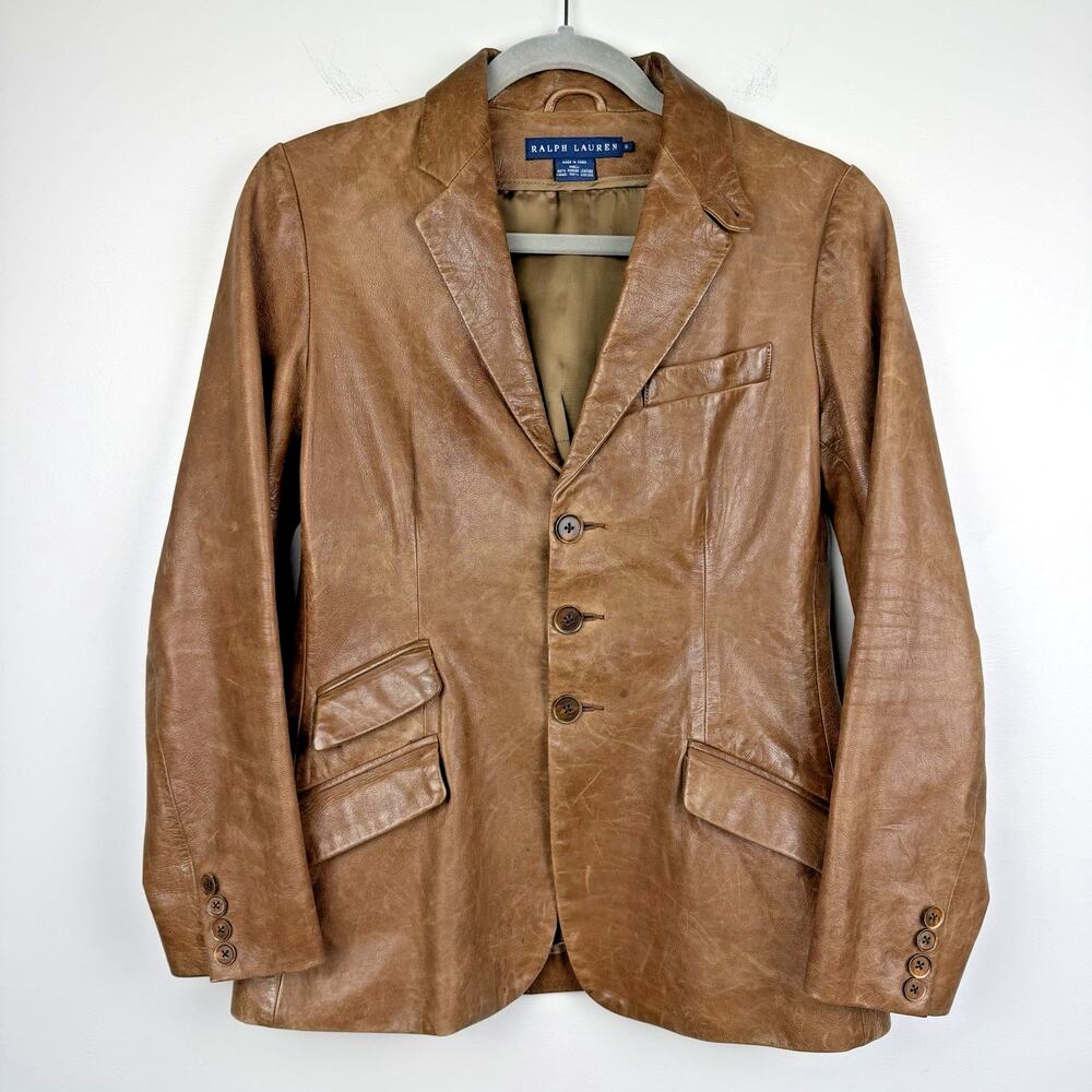 Ralph Lauren Blue Label Leather Hacking Blazer Womens 6 Cognac Equestrian Jacket